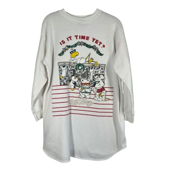 Starlite Nights Tops - Vintage Christmas Sweatshirt White M Holiday Metallic Retro 80s Graphic Cartoon